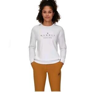 Mammut Womens Sweatshirt size S Spell Out Logo White French Terry Fleece Crew